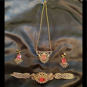 Vintage 80s gold tone earrings and bracelet with pink stone